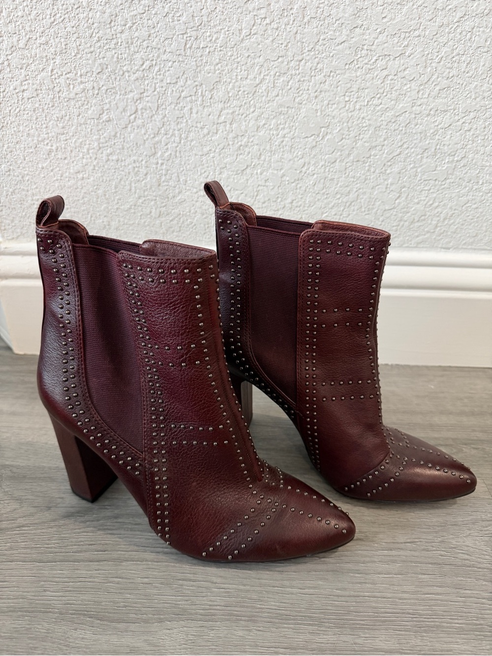 Vince Camuto Burgundy Studded Leather Ankle Boots
